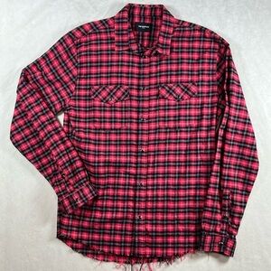 The Kooples Paris Large Red and Black Plaid Shirt Fringe Hem Snap Pearl Buttons